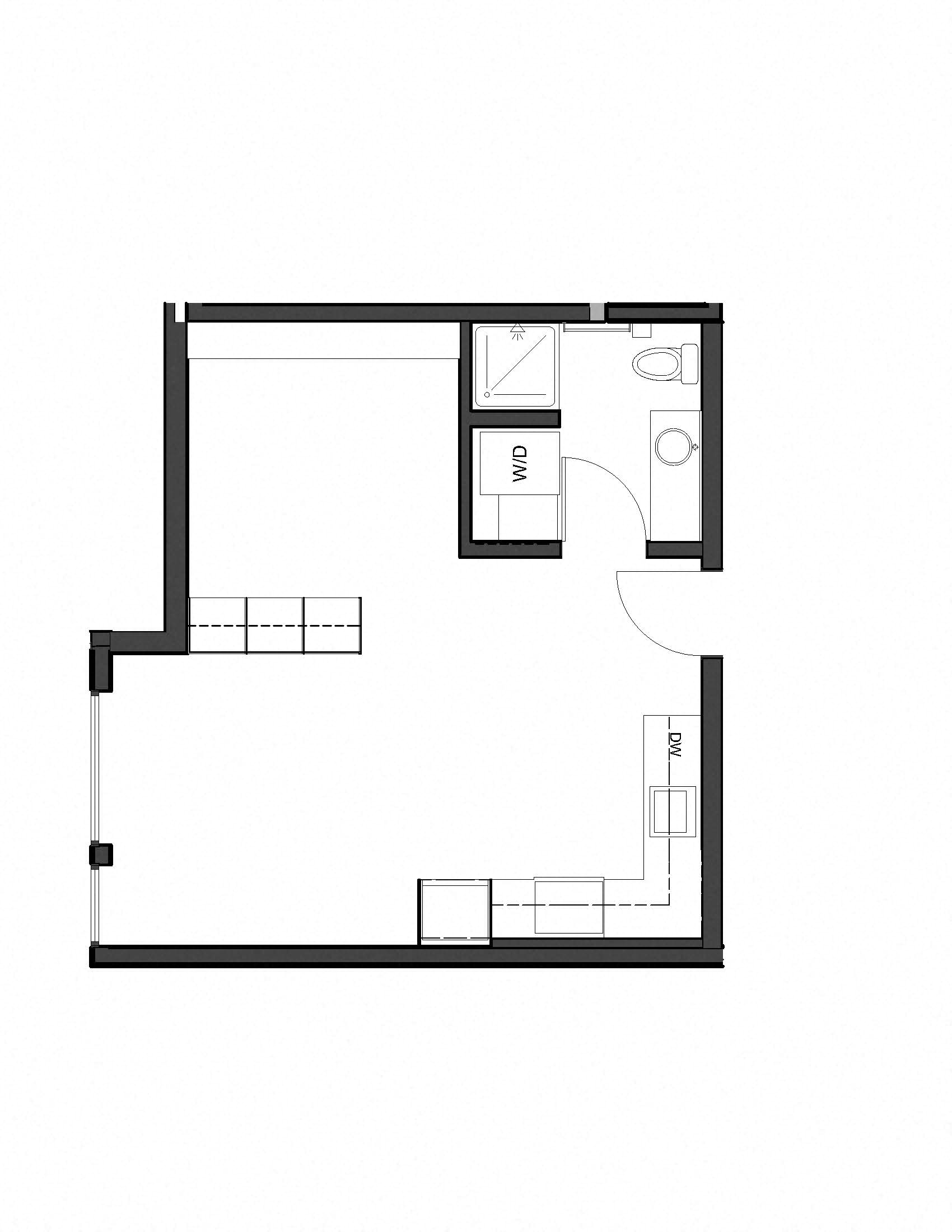 Floor plan for studio, 1 bath, 489 sqft